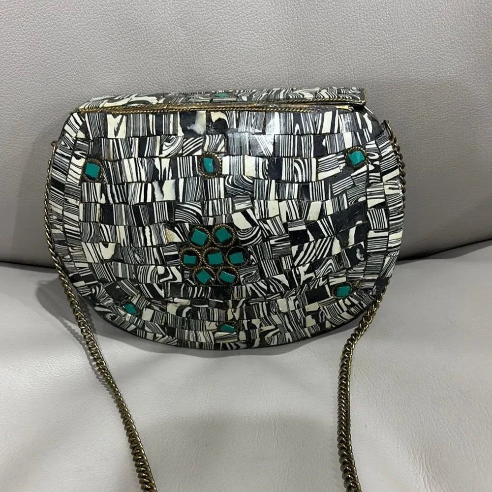 Mosaic Patterned Clutch with Gold Chain